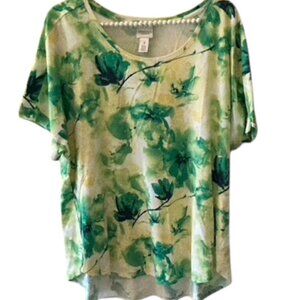 Weekends by Chicos's Green/Yellow Floral Tee   Size 3 (XL) EUC!